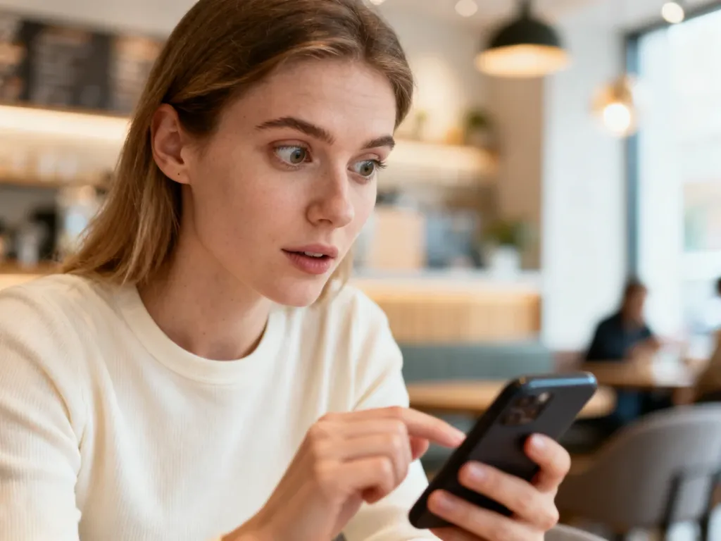 Kobieta z zaciekawieniem przeglądająca smartfon w przytulnej kawiarni, co ilustruje sprawdzanie znaczenia skrótów w sieci.