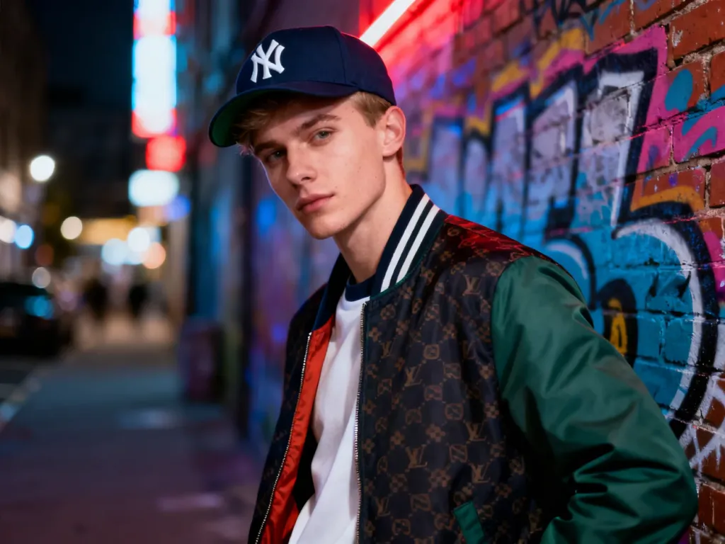 Młody mężczyzna w modnym stroju streetwearowym pozujący na tle miejskiego graffiti, ilustrujący styl swag.