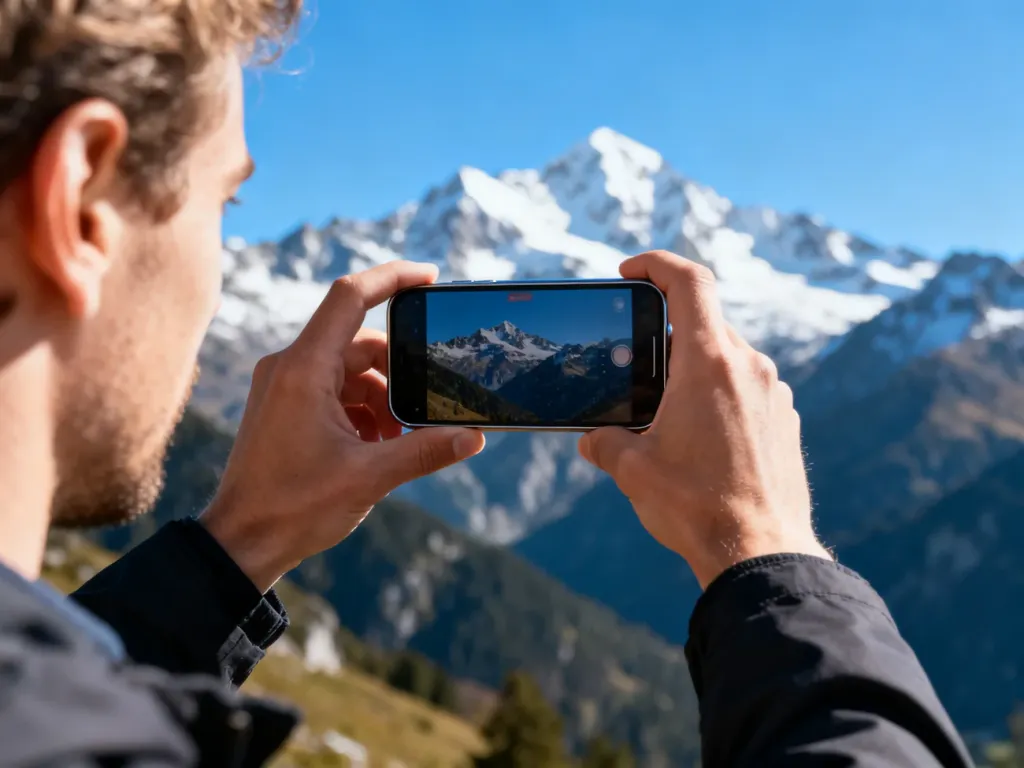 Widok z perspektywy pierwszej osoby (POV) przedstawiający ręce trzymające smartfon na tle malowniczych, ośnieżonych gór.