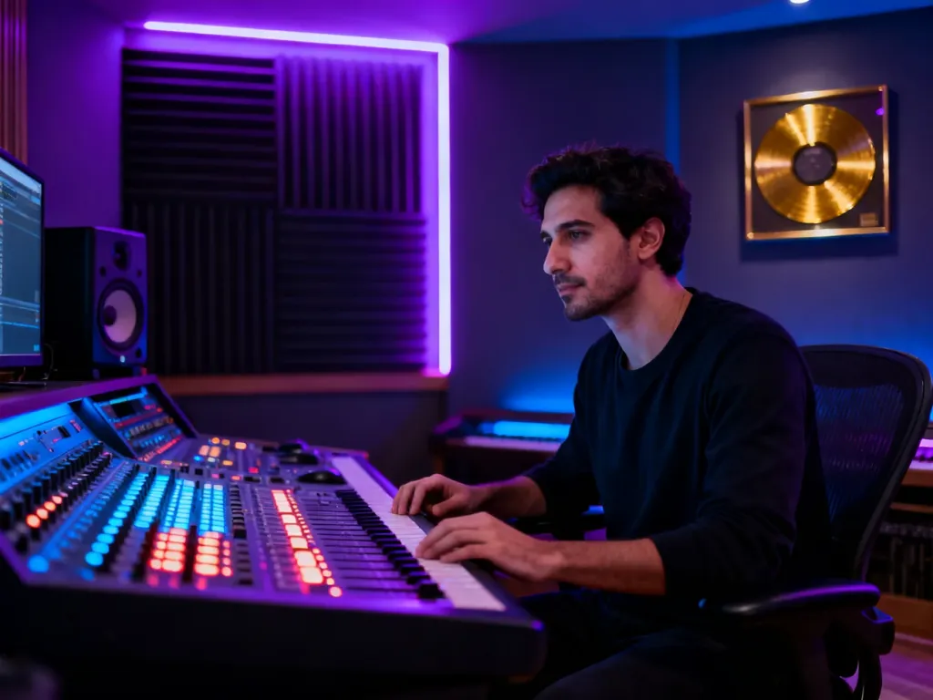 Producent muzyczny pracujący przy profesjonalnej konsoli w nowoczesnym studiu nagraniowym z neonowym oświetleniem.