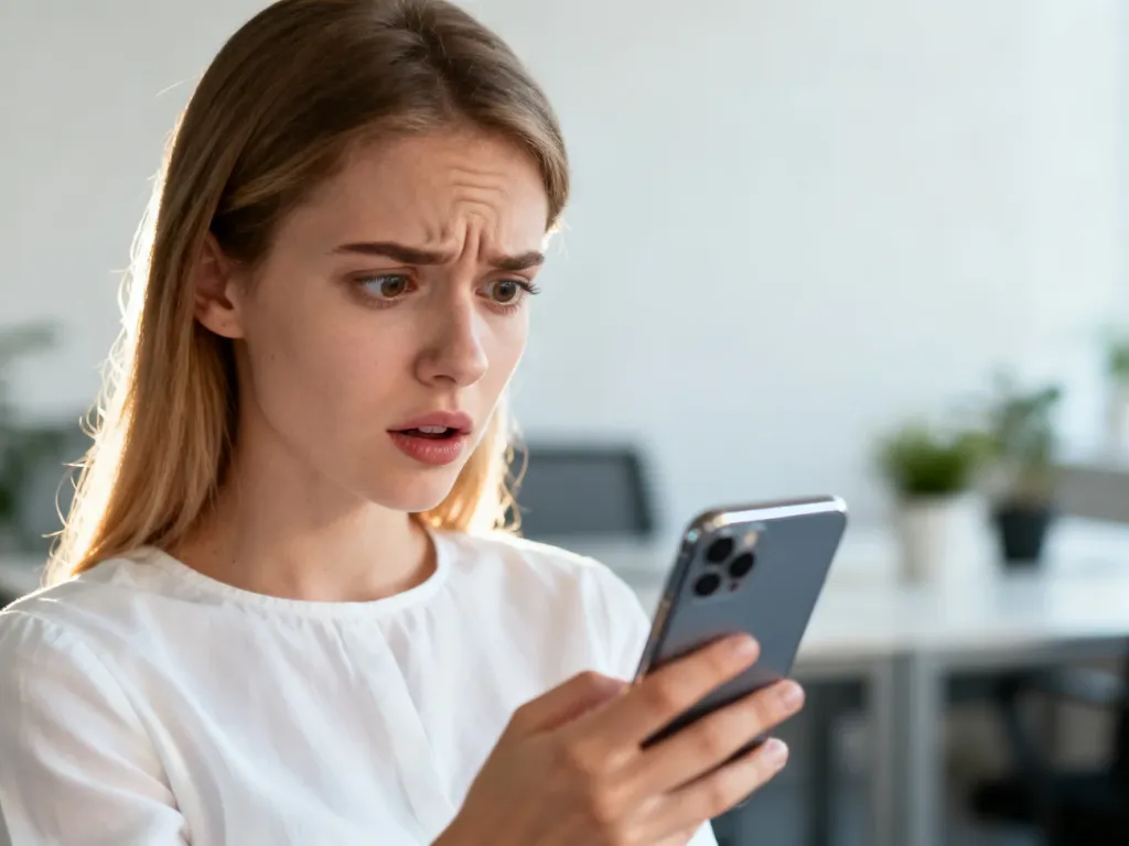 Młoda kobieta z zaciekawieniem patrzy na ekran smartfona, próbując zrozumieć treść wiadomości.