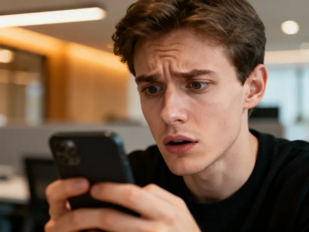 Zdezorientowany mężczyzna patrzący w telefon, wyrażający zdziwienie treścią wiadomości.
