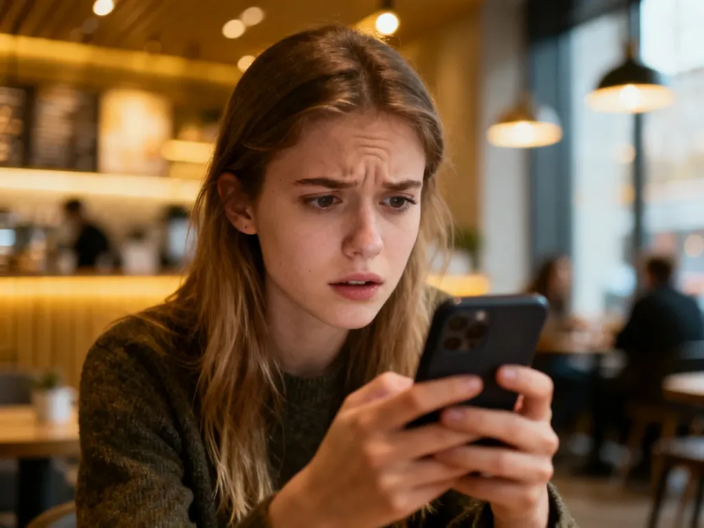 Młoda kobieta z zamyśloną miną patrzy na smartfon w przytulnej kawiarni, próbując zrozumieć treść wiadomości.